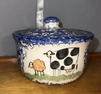 Molly Dallas Spatterware Multi-Purpose Pottery Covered Bowl W/Lid - Cow & Sheep • $15