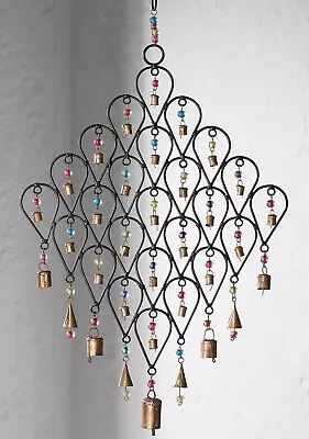 Large Wind Chime Recycled Iron Garden Windchime With Bells Multi Colour Beads • £24.99