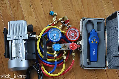 HVAC Tool Kit:Rotary Vacuum Pump+Manifold Gauge+Hose+Leak Detector+R134a Coupler • $386.86