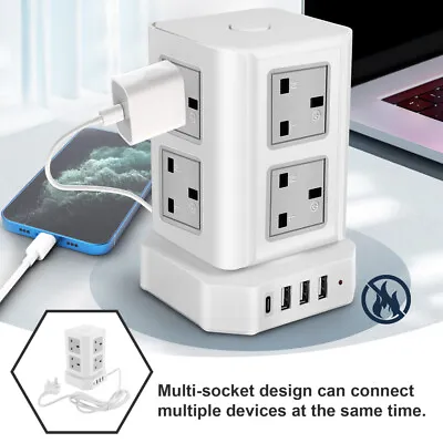 8 Way Tower Extension Lead 2500W With USB Slots Power Strip Surge Protection 2M • £18.99