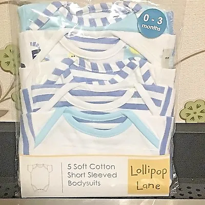 £7.99 • Buy 5 Packs Lollipop Lane  Baby BOYS Short Sleeve Bodysuit  Soft Cotton Cute Design 