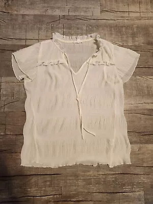 Mine Blouse Size Medium Ivory Colored Flowy Sheer Short Sleeve Top With Tie • $6.98