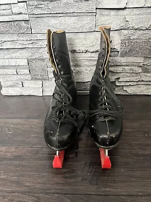 Vtg Canadian Flyer Black Leather Figure Ice Skates With Runner Covers Mens • $40