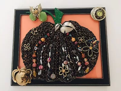 VINTAGE To MODERN JEWELRY COLLAGE￼ ART FRAMED Halloween Fall Pumpkin OOAK • $52.50