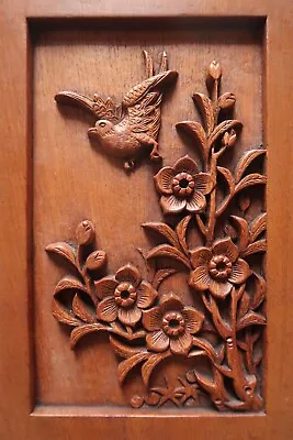 Chinese Hand Carved Wood Framed Panel Bird And Flower Made In Hong Kong Vintage • $30