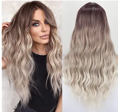PORSMEER Long Wavy Ombre Brown To Blonde Natural Curly Wig With Dark Roots  • £14.99