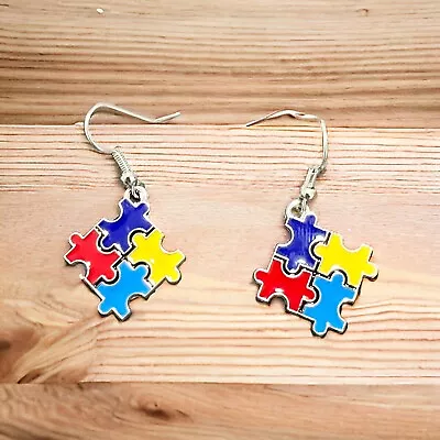 Autism Awareness Colorful Enamel Puzzle Piece Fishhook Dangle Earrings • $9.60