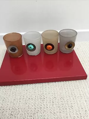 SET OF X 4 DIFFERENT COLOURED GLASS TEA LIGHTS HEIGHT 3 INCHES Brand T K MAXX • £6.50