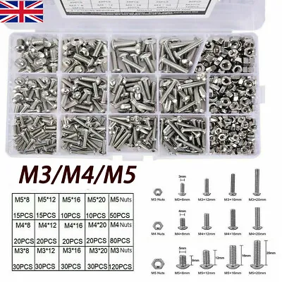 £8.39 • Buy Hex Screws 500pcs Assorted M3 M4 M5 Stainless Steel & Nuts Kit And Socket Bolts