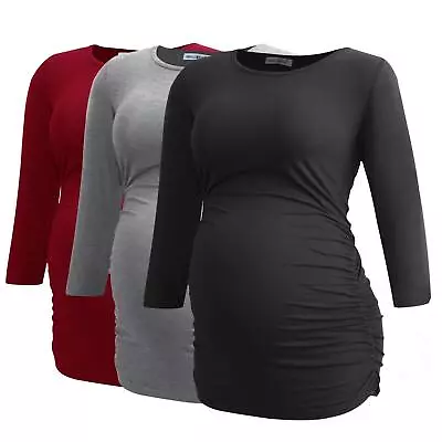 Smallshow Womens Maternity Tunic Tops Clothes 3/4 Sleeve Ruched Pregnancy Shirt • $7.99