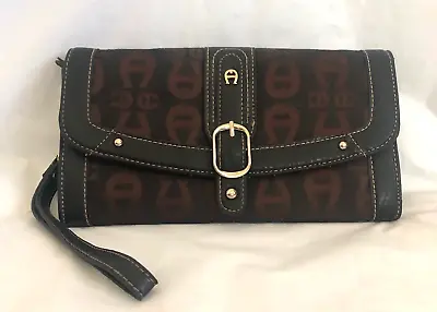 Etienne Aigner Brown Logo Fabric & Leather Wristlet Wallet • $9.99