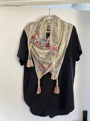 JOHNNY WAS 100% Cream Silk Floral Tassels Scarf Made In USA • $75