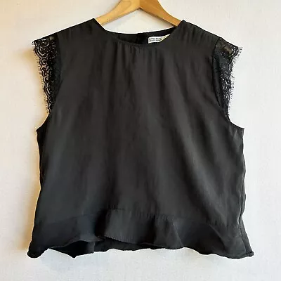 ZARA Size XL Black Lace Trim Boxy Ruffle Open Back Lightweight Blouse Top • $24.50