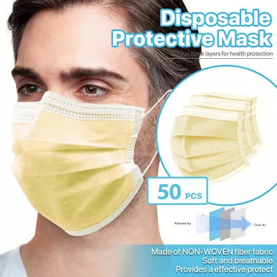 [Yellow] 50 Pcs Disposable Face Masks 3-Ply Non Medical Surgical Earloop Cover • $5.99