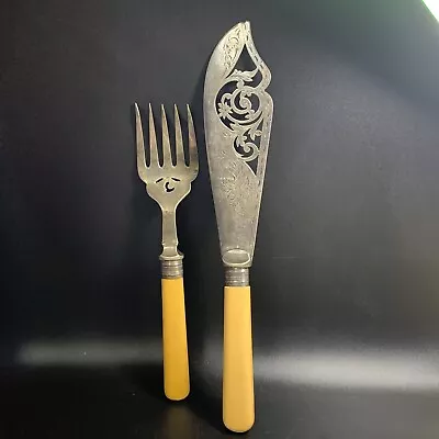 Vintage Fish Knife And Fork Set Victorian EPNS Yellow Butterscotch Color Read! • $24.95