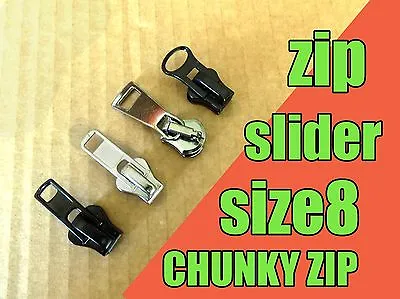 Zipper Slider CHUNKY ZIP #8 #10 -SILVER Black Replacement Zip Slider Zip Repair • £2.99