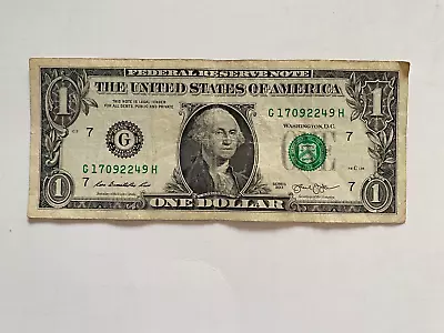 One Dollar Bill Serial Number G 17092249 H $1 Note US Real Money 2013 Notes USA • $8.99