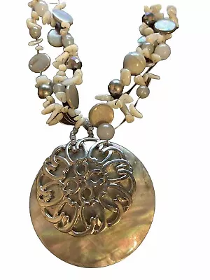 Abalone Shell Medallion Metal Multi Strand Beaded Necklace Statement 18  • $8.99