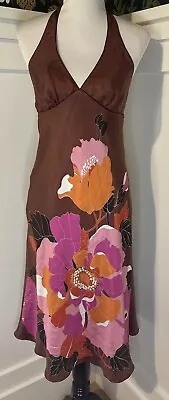 Vintage Y2K Flower Power Silk Halter Dress S/4 Hippie Boho Spring Summer • $48.99