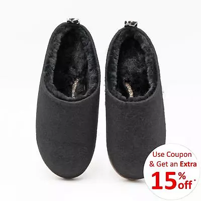 M&S Womens Slippers Black Felt Faux Fur Lined Mule Slip On Comfort Vegan Warm • £15.95