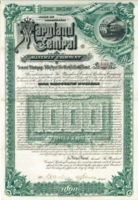 Maryland Central Railway Co. - $1000 - Bond (Uncanceled) - Railroad Bonds • $185