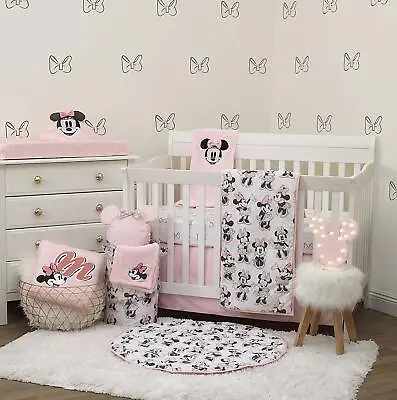 6-Piece Nursery Crib Bedding Set Baby Minnie Mouse Pink Black Comforter Sheets • $202.53