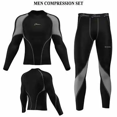 Mens Compression Body Armour Base Layer Top Skin Fit Shirt + Leggings + Set 3S  • £21.99