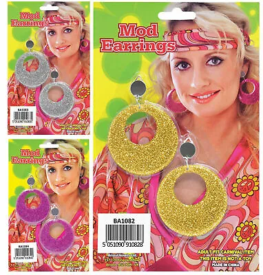 £3 • Buy Mod Glitter Earrings Ladies Girls Hippy Retro 1960’s 70s Fancy Dress Accessory