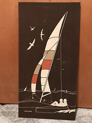 Vintage Marushka Linen Screen Print Sailboat Framed Size 13” X 25” • $64.85