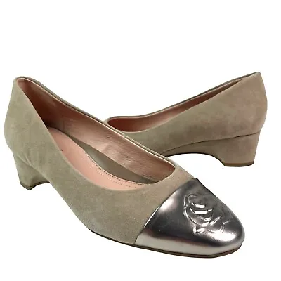 Taryn Rose Babe Shoe Tan Womens 7 Suede Metallic Silver Leather Toe Heels New • $29.97