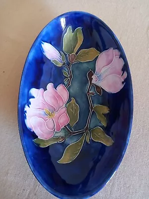 £60 • Buy MOORCROFT POTTERY Oval Bowl. Navy Blue With Pink Magnolia Floral Design