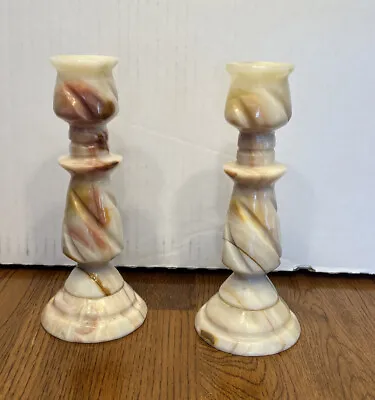 Pair Of Alabaster Candlesticks Carved Marble Pink Cream Stone Candle Holders 8  • $17.99