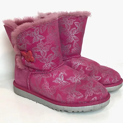 UGG Pink Butterfly Silver Bailey Button Fur Lined Boots Youth Kids Girls Size 5 • $49