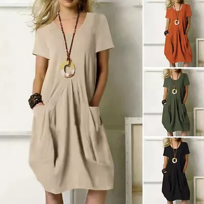 Cotton Linen Womens Summer Dress Ladies Short Sleeve Pockets Sundress Plus Size • £14.59