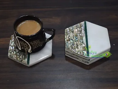 Marble Coaster Set Abalone Shell Brick Inlay Art Handmade Special Gift Bar Decor • $155.80