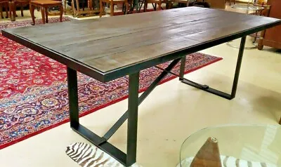 Restoration Hardware Style Metal Reclaimed Wood Table X Stretcher Dining Table • $1200