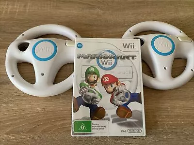 Mario Kart Wii With 2 X Steering Wheels Genuine PAL Tested & Working Disc VGC • $30