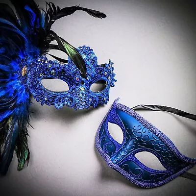 Couple Masks Masquerade Phantom Men & Women Side Feather Venice Masks Set Blue • $7.99