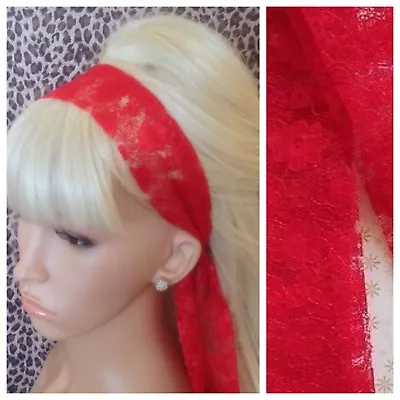 RED FLORAL LACE 50s VINTAGE 80s RETRO STYLE HEAD SCARF HAIR BAND SELF TIE BOW • £3.99