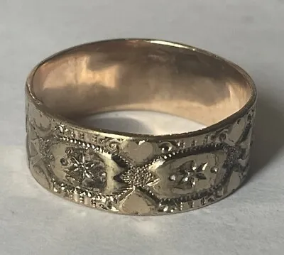Antique Victorian 10k Rose Gold Engraved Hearts 8mm Cigar Band Ring Size 10 • $295