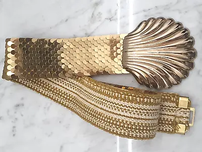 Vintage Belt Stretch Gold Sequin Clam Shell Buckle Retro Glam Sparkle Medium • $18
