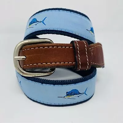 Men’s Blue Canvas Brown Leather Ribbon Sailfish Belt Adjustable Size 34 Nautical • $21.99