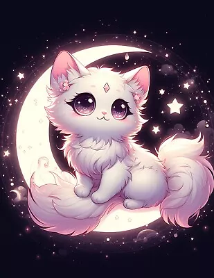 Cute Fluffy Anime Cat On Moon Poster | 8.5 X 11 • $9.95