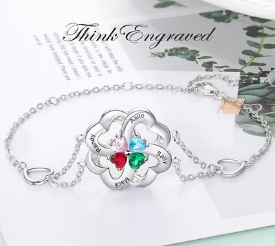 4 Stone Heart Flower Mother's Bracelet 4 Engraved Names Silver Mom Bracelet • $43.50