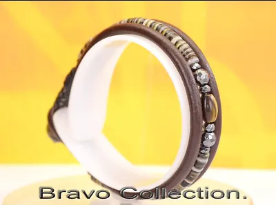 Sterling Silver Natural Shell & Leather Armband Wristband Men Bracelet 6B-148 • £15.47