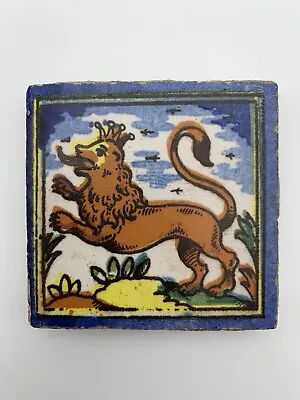 Vintage Decorative Tile Medieval Crowned Lion With Floral Motif Azure Borderland • £24.11