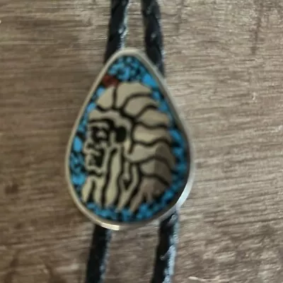 Vintage Bolo Tie Native American Chief Pewter Turquoise Coral 19” • $50