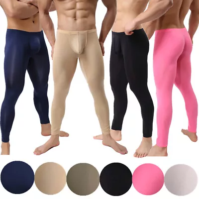 Men's Compression Long Pants Smooth Bulge Pouch Long Johns Tight Fit UnderPants • £10.48