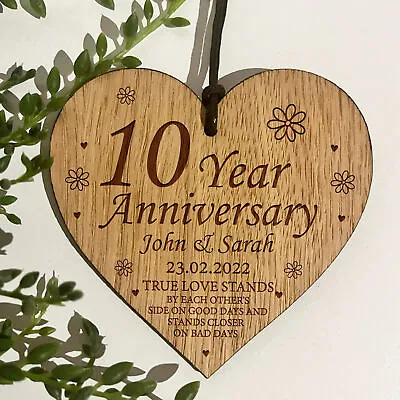 £5.99 • Buy Personalised 10th Anniversary Gift Engraved 10 Year Anniversary Oak Wood Heart