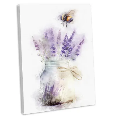 Bumble Bee & Lavender Flowers Canvas Wall Art Print Framed Watercolour Picture • £17.99